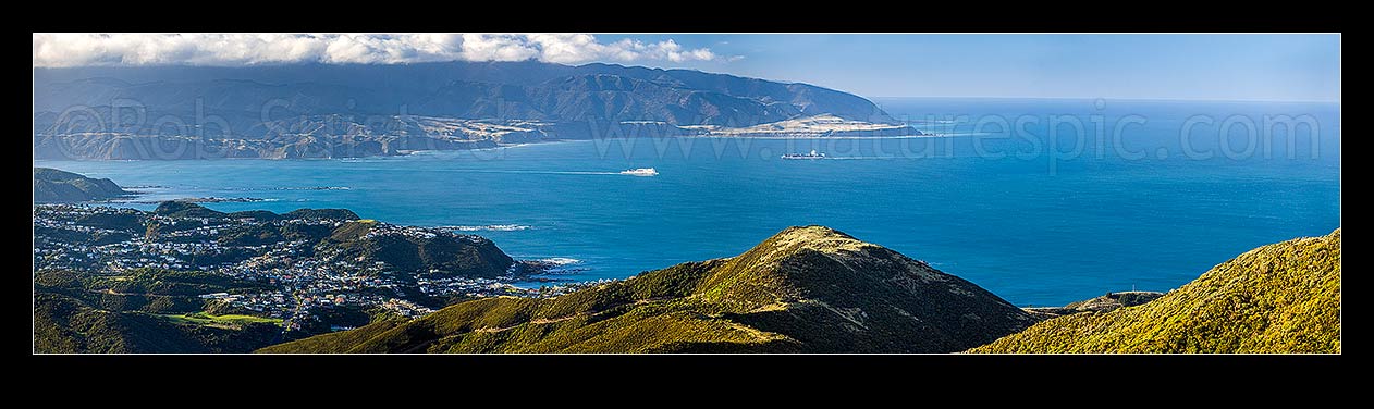 Image of Wellington South Coast and Harbour entrance seen from Te Kopahau Reserve. Pencarrow, Baring and Turakirae Heads behind. Island Bay centre. Panorama, Owhiro Bay, Wellington City District, Wellington Region, New Zealand (NZ) stock photo image