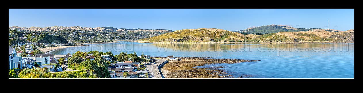 Image of Plimmerton Beach panorama, looking south into Porirua Harbour. Titahi Bay and Rangituhi Colonial Knob at right, Plimmerton, Porirua City District, Wellington Region, New Zealand (NZ) stock photo image