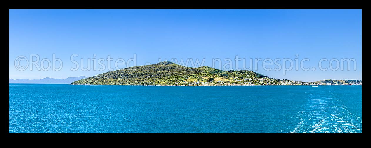 Image of The Bluff Motupohue hill (265m) above Bluff township, Stirling Point and Bluff Harbour. Panorama from ship leaving harbour entrance, Bluff, Invercargill District, Southland Region, New Zealand (NZ) stock photo image