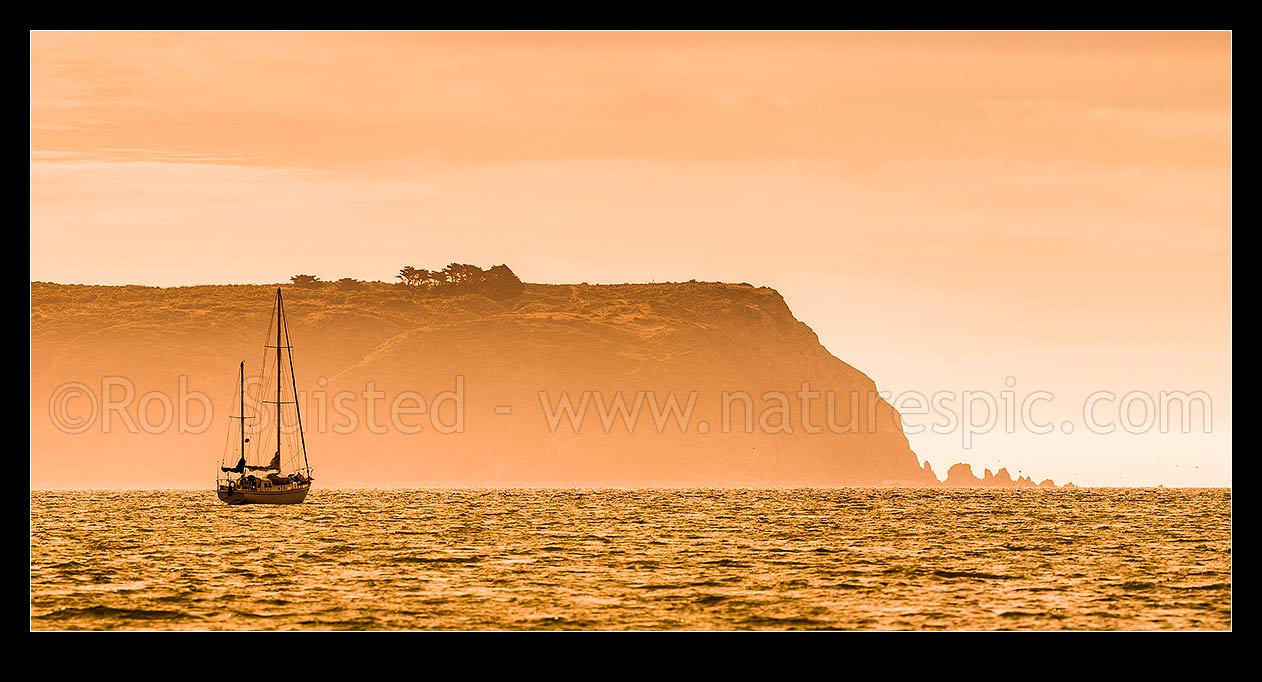 Image of Sailboat silhouette at Mana Island on a hazy summer evening sunset. Panorama, Titahi Bay, Porirua City District, Wellington Region, New Zealand (NZ) stock photo image