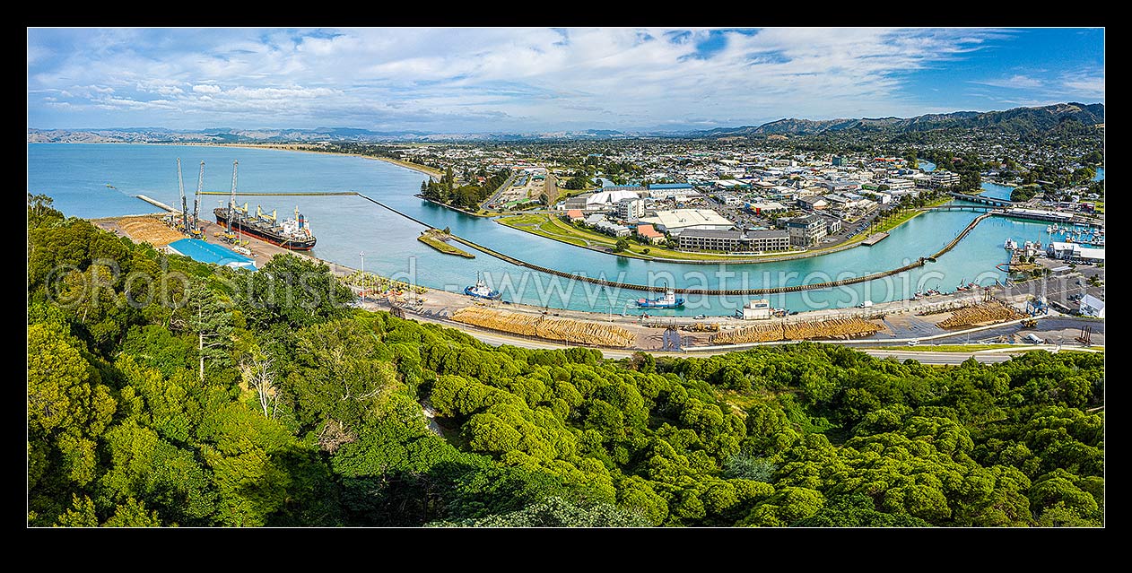 Image of Gisborne City panorama, looking across the Turanganui River from Kaiti Hill to the CBD. Port of Gisborne left. Poverty Bay left, Gisborne, Gisborne District, Gisborne Region, New Zealand (NZ) stock photo image