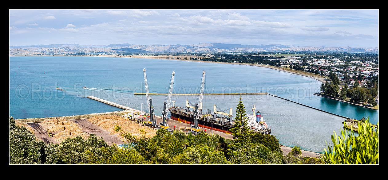 Image of Gisborne Port and Turanganui River mouth, in Poverty Bay. Panorama, Gisborne, Gisborne District, Gisborne Region, New Zealand (NZ) stock photo image