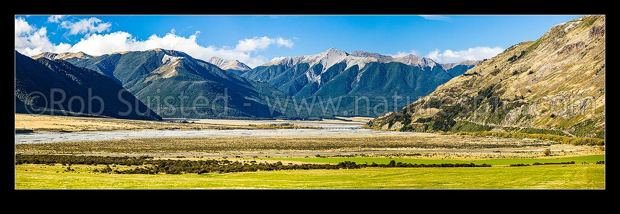 Image of Waimakariri River with Hawdon Stream and Andrews Stream valleys at left. Arthurs Pass National Park, Cora Lynn farmland in foreground. panorama, Cora Lynn, Selwyn District, Canterbury Region, New Zealand (NZ) stock photo image