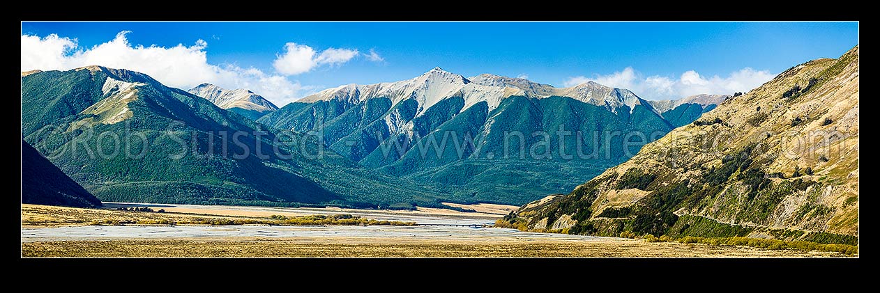 Image of Waimakariri River with Hawdon Stream (left) and Andrews Stream (centre) valleys. Arthurs Pass National Park panorama, Cora Lynn, Selwyn District, Canterbury Region, New Zealand (NZ) stock photo image