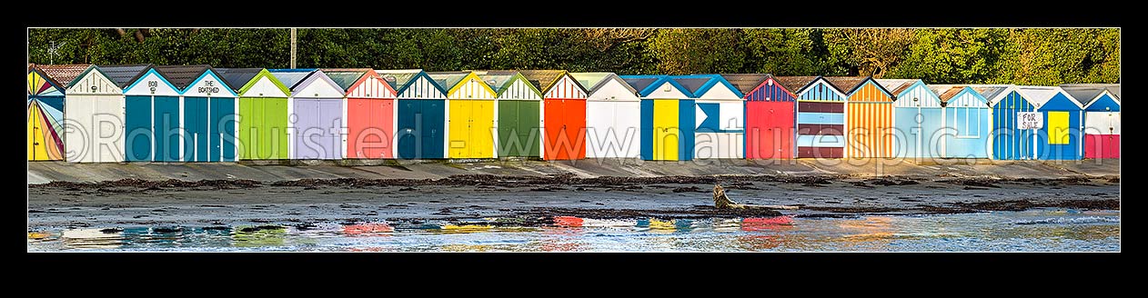 Image of Titahi Bay Beach boat sheds, a colourful brightly painted iconic feature of the bay. Panorama, Titahi Bay, Porirua City District, Wellington Region, New Zealand (NZ) stock photo image