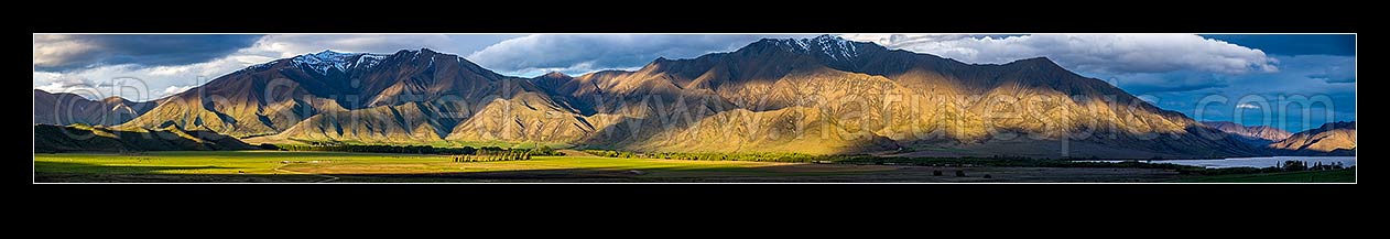 Image of Moody farmland and high country of the Benmore Range and Totara Peak (1822m right). Lake Benmore at right. Panorama, Omarama, Waitaki District, Canterbury Region, New Zealand (NZ) stock photo image