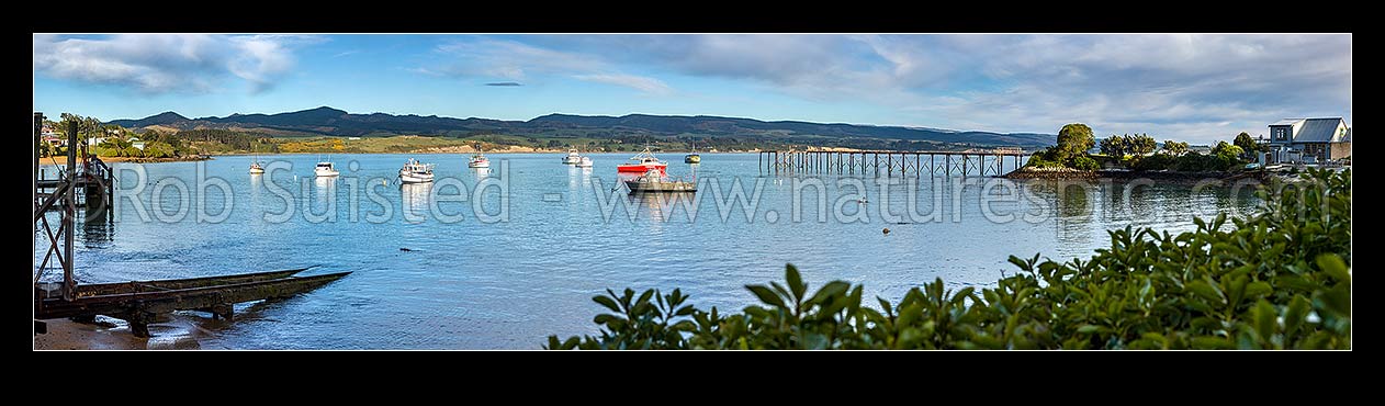 Image of Moeraki fishing fleet boats moored in Onekakara Bay on a calm morning. Panorama, Moeraki, Waitaki District, Canterbury Region, New Zealand (NZ) stock photo image