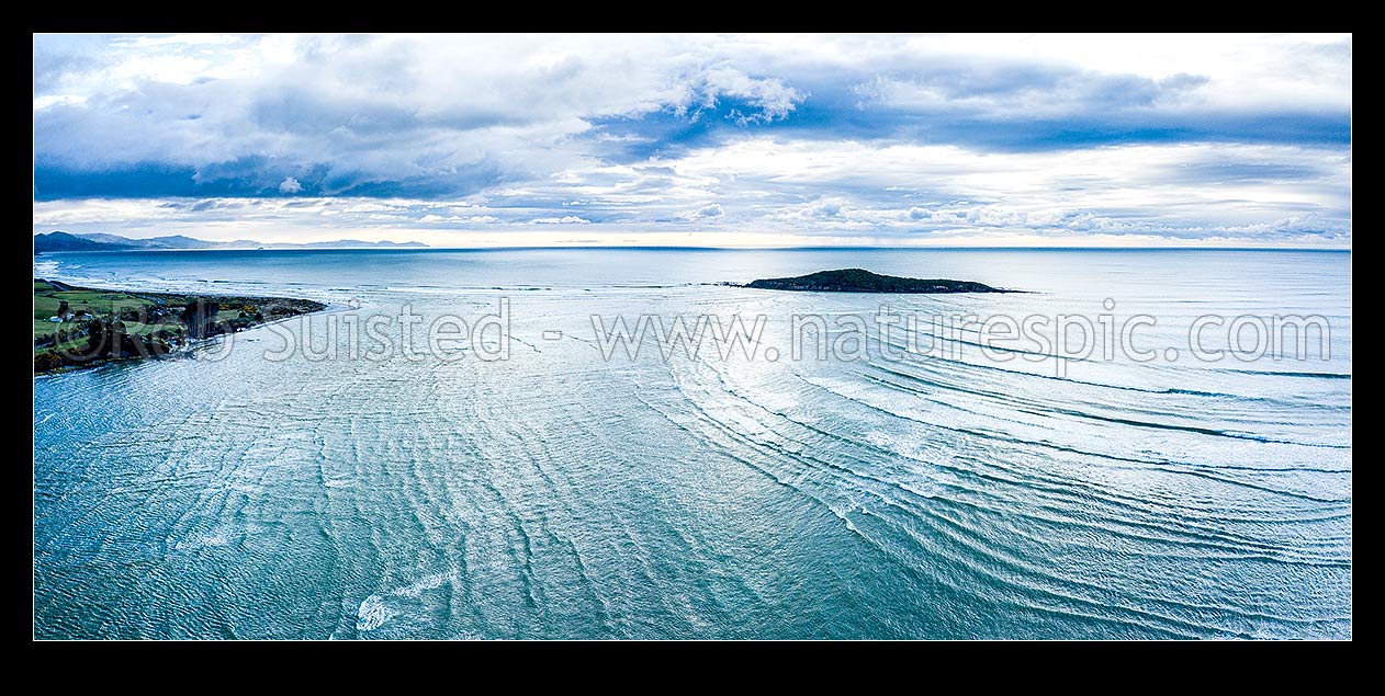 Image of Taieri Island Moturata at Taieri River mouth. Aerial panorama view with Otago Peninsula distant left, Taieri Mouth, Dunedin City District, Otago Region, New Zealand (NZ) stock photo image