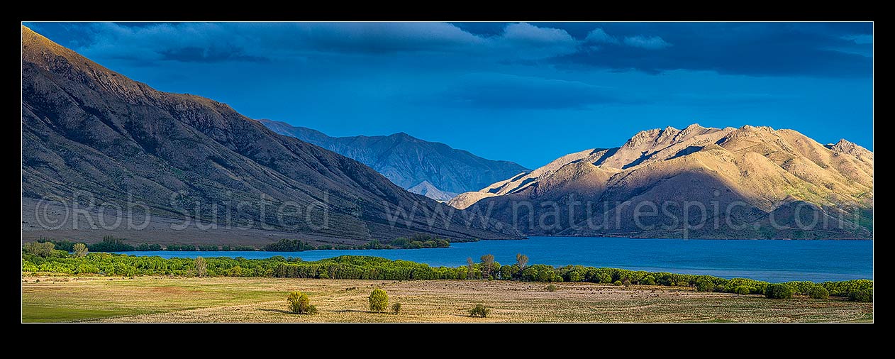 Image of Lake Benmore in evening light. St Marys Range far right. Moody panorama, Otematata, MacKenzie District, Canterbury Region, New Zealand (NZ) stock photo image