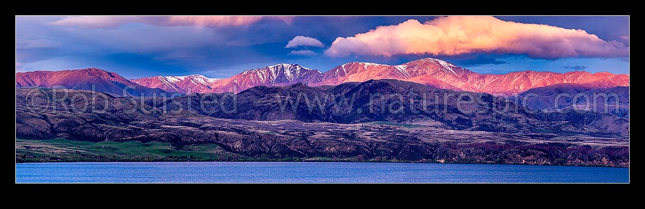 Image of Lake Aviemore with the sunlit Kirkliston Range above. High country panorama at sunset, Otematata, MacKenzie District, Canterbury Region, New Zealand (NZ) stock photo image