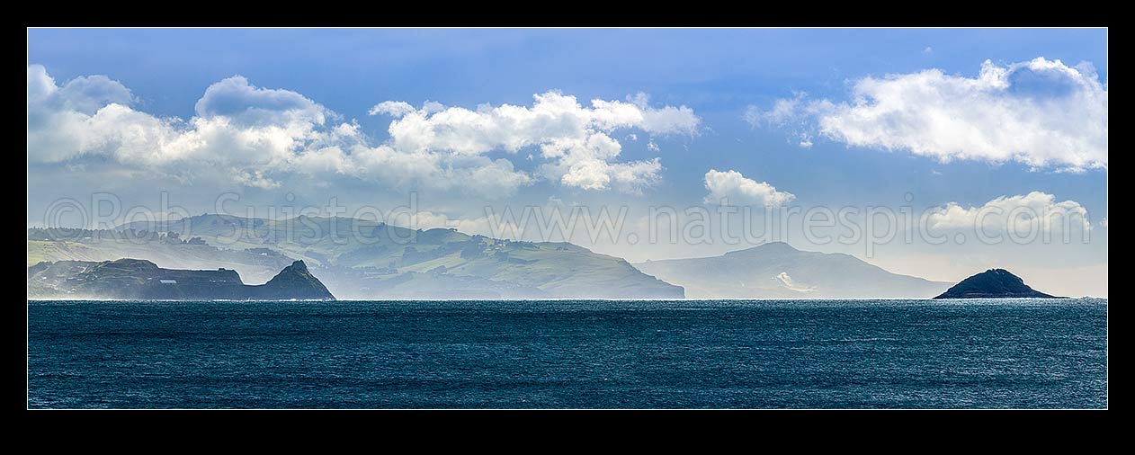 Image of Southern Otago Peninsula seen from Brighton Beach, looking past Back Head point and White Island (right) to Otago Peninsula beyond. Panorama, Brighton, Dunedin, Dunedin City District, Otago Region, New Zealand (NZ) stock photo image