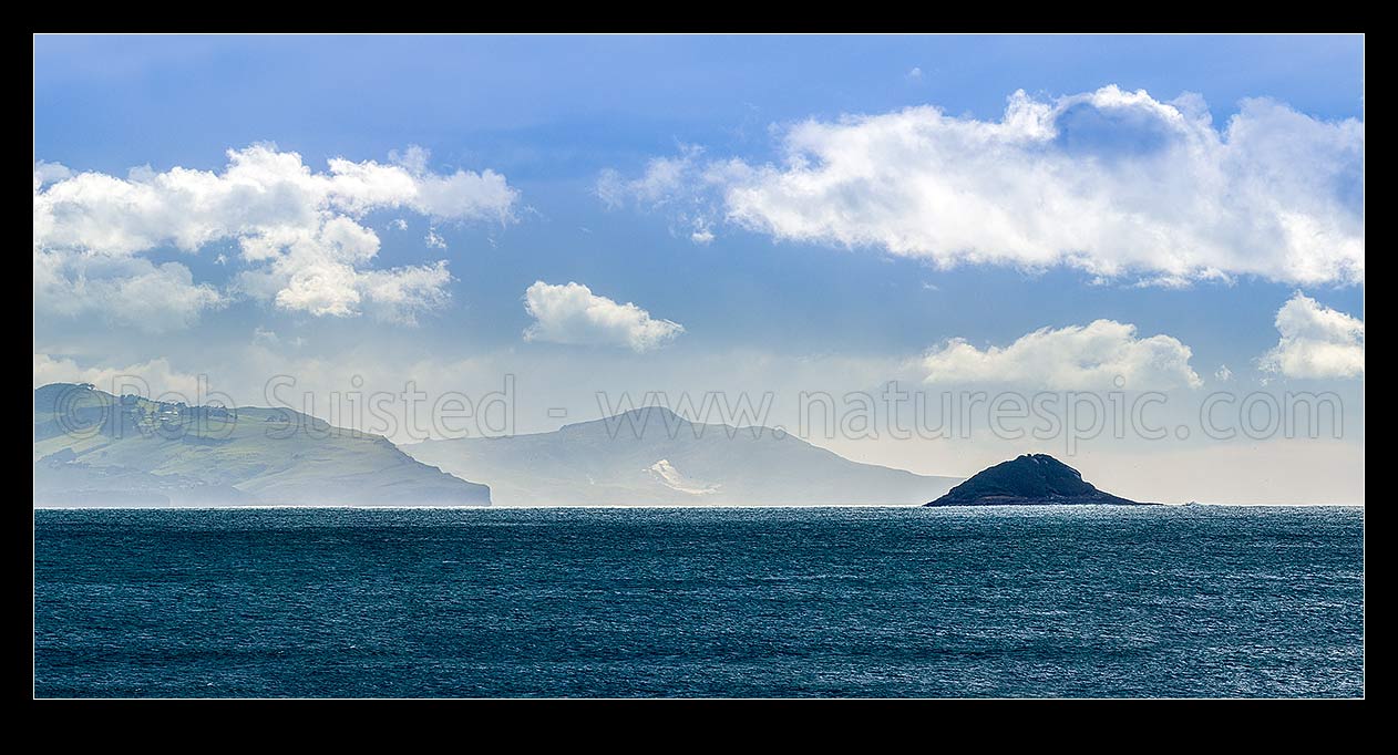 Image of Southern Otago Peninsula seen from Brighton, looking past White Island to Otago Peninsula beyond. Panorama, Brighton, Dunedin, Dunedin City District, Otago Region, New Zealand (NZ) stock photo image