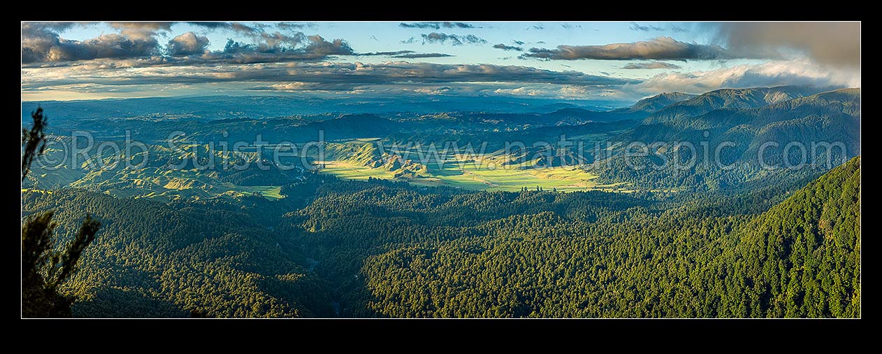 Image of Kawhatu and Pourangaki Rivers in forested foothills and farmland of the western Ruahine Ranges in evening light. Panorama. Pari Stream in foreground, Ruahine Forest Park, Manawatu District, Manawatu-Wanganui Region, New Zealand (NZ) stock photo image