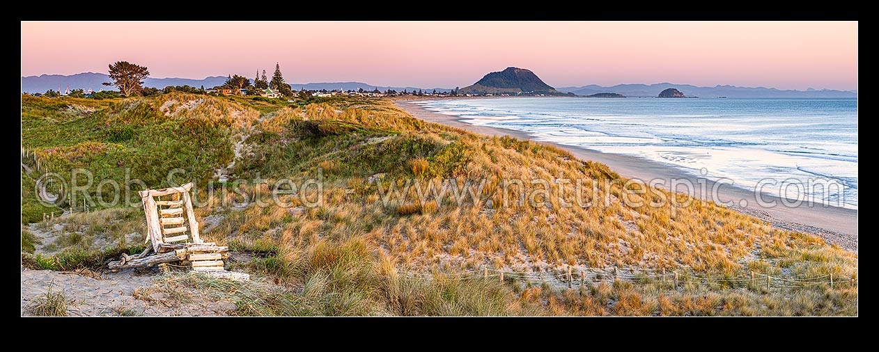 Image of Papamoa Beach dawn panorama amongst the sand dunes, looking west to Mt Maunganui Mauao. Driftwood made recliner chair on dune top, Papamoa Beach, Tauranga District, Bay of Plenty Region, New Zealand (NZ) stock photo image