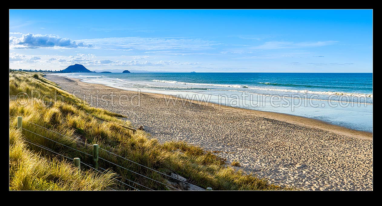 Image of Papamoa Beach and golden sand dune view in late afternoon light. Looking west towards Mt Maunganui Mauao (231m). Panorama, Papamoa Beach, Tauranga District, Bay of Plenty Region, New Zealand (NZ) stock photo image