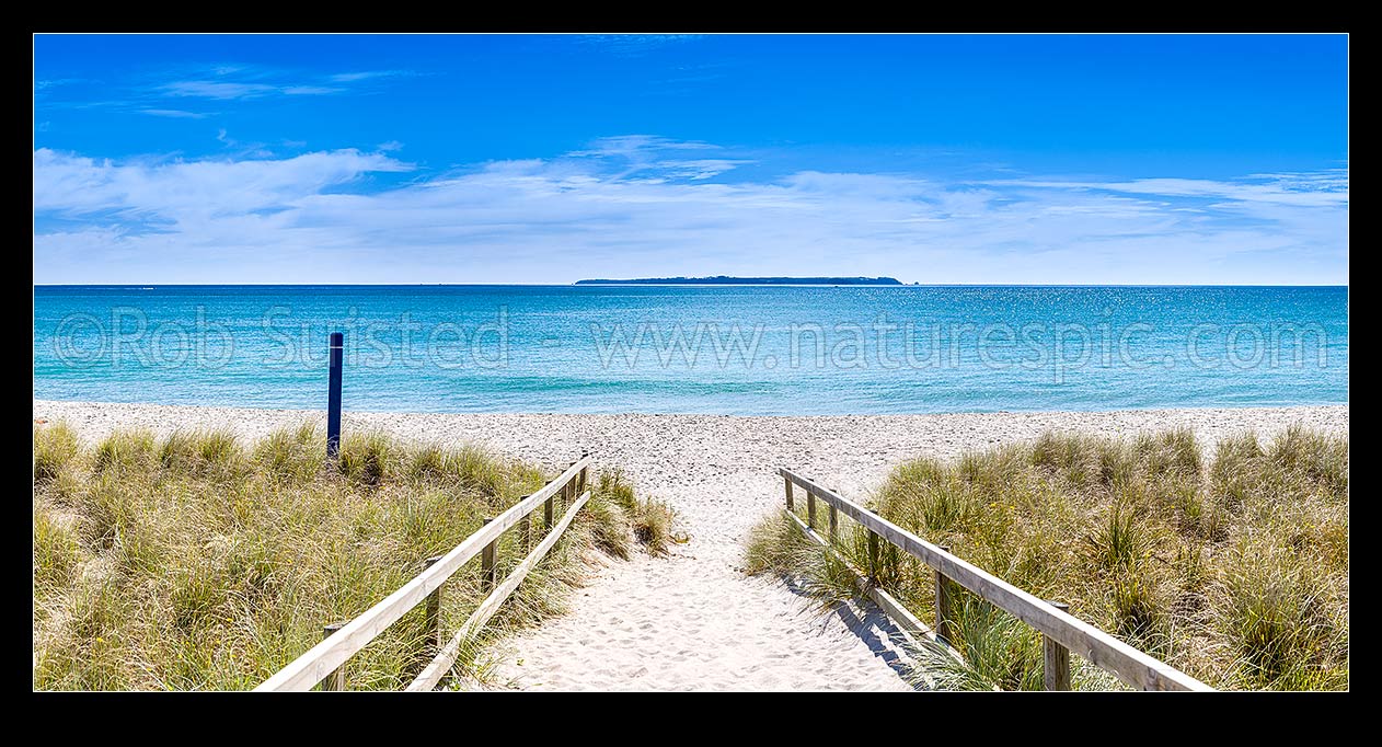 Image of Papamoa Beach, looking down sand hill access path to white sand beach, with Motiti Island beyond. Panorama, Papamoa Beach, Tauranga District, Bay of Plenty Region, New Zealand (NZ) stock photo image