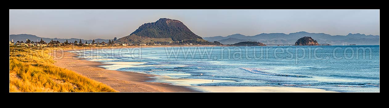 Image of Papamoa Beach in morning light, looking full length of beach to Mount Maunganui Mauao (231m) and Motuotau Island. Panorama, Papamoa Beach, Tauranga District, Bay of Plenty Region, New Zealand (NZ) stock photo image