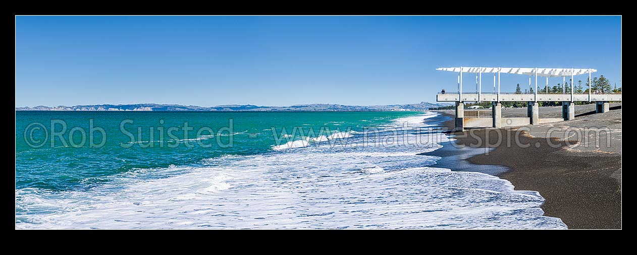 Image of Napier foreshore with Marine Outfall and Viewing Platform. Clifton and Cape Kidnappers coast beyond. Panorama, Napier, Napier City District, Hawke's Bay Region, New Zealand (NZ) stock photo image