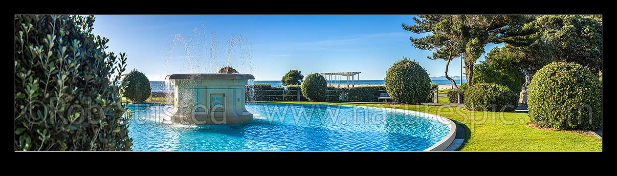 Image of Napier's iconic Tom Parker Art Deco fountain 1936, in Napier's warterfront gardens and marine parade. Panorama, Napier, Napier City District, Hawke's Bay Region, New Zealand (NZ) stock photo image