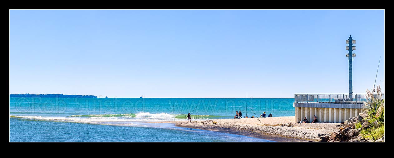 Image of Kaituna River mouth and lookout, a popular spot for recreational fishermen. Motiti Island beyond. Panorama, Maketu, Western Bay of Plenty District, Bay of Plenty Region, New Zealand (NZ) stock photo image