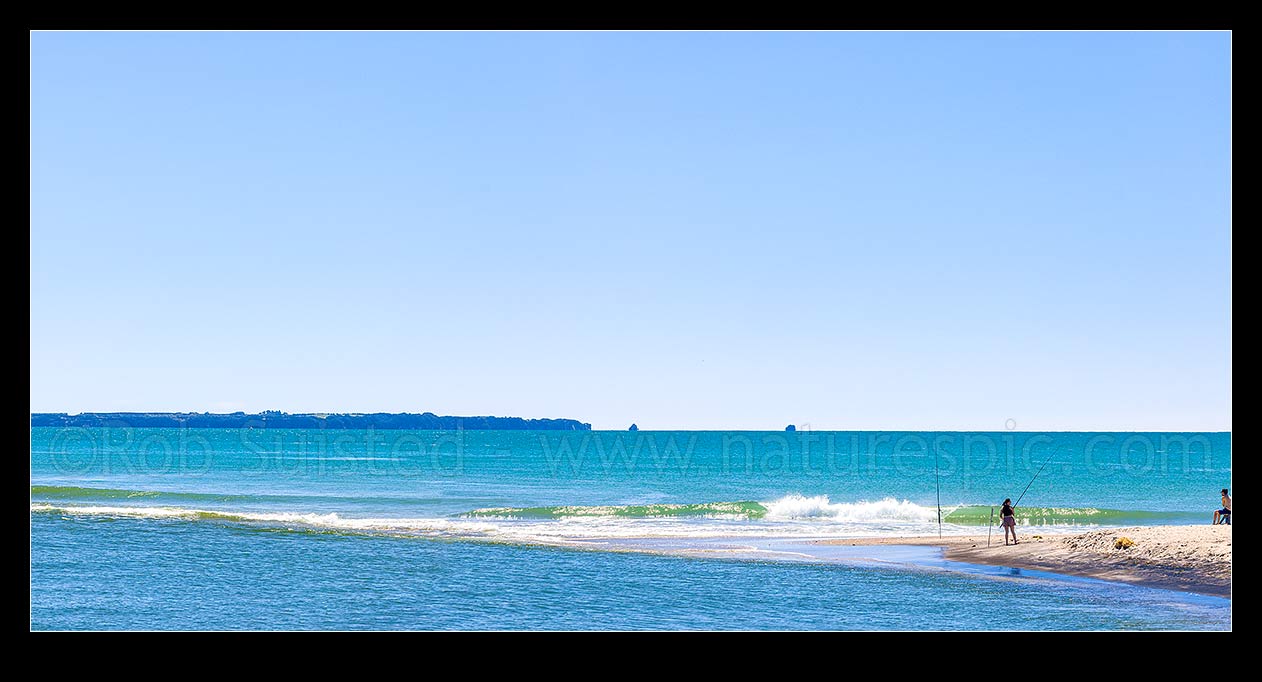 Image of Kaituna River mouth, a popular spot for recreational fishermen. Motiti Island beyond. Panorama, Maketu, Western Bay of Plenty District, Bay of Plenty Region, New Zealand (NZ) stock photo image