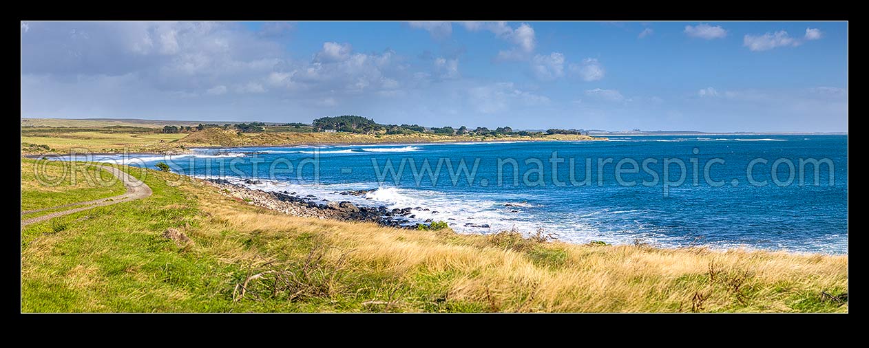 Image of Owenga coastline and beach near the south east of Chatham Island. Panorama, Chatham Islands Rekohu, Chatham Islands District, Chatham Islands Region, New Zealand (NZ) stock photo image