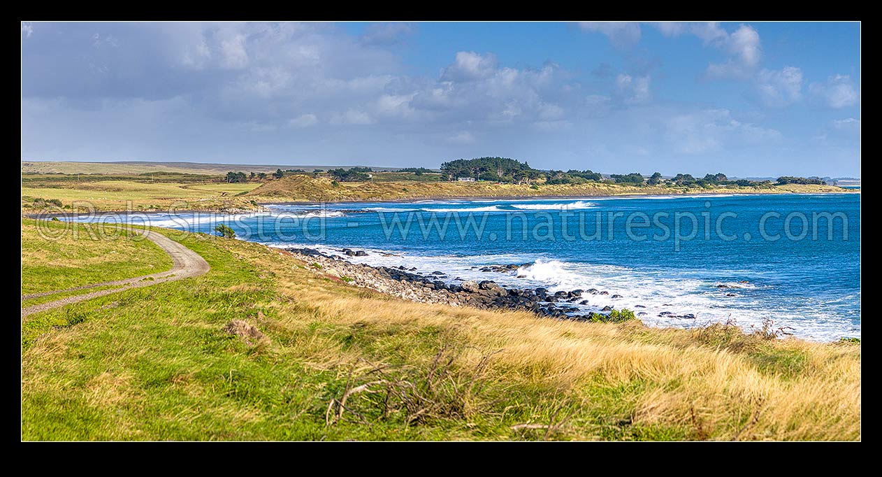 Image of Owenga coastline and beach near the south east of Chatham Island. Panorama, Chatham Islands Rekohu, Chatham Islands District, Chatham Islands Region, New Zealand (NZ) stock photo image