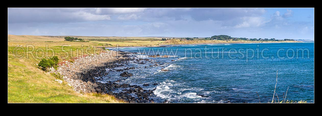 Image of Owenga coastline and beach near the south east of Chatham Island. Panorama, Chatham Islands Rekohu, Chatham Islands District, Chatham Islands Region, New Zealand (NZ) stock photo image