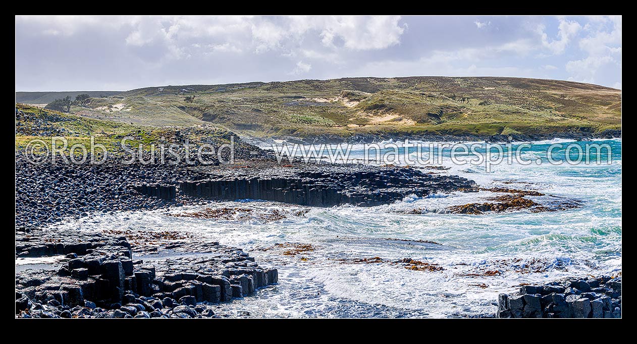 Image of Ohira Bay basalt columns in Petre Bay, a popular tourist site, on a typically windy day on Rekohu, Chatham Islands Rekohu, Chatham Islands District, Chatham Islands Region, New Zealand (NZ) stock photo image