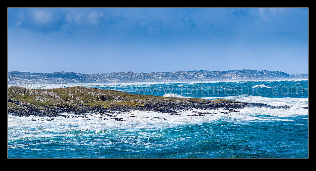 Image of Chatham Islands coast, looking from Ohira Bay, across Petrie Bay to Long Beach and sand dunes. Panorama, Chatham Islands Rekohu, Chatham Islands District, Chatham Islands Region, New Zealand (NZ) stock photo image