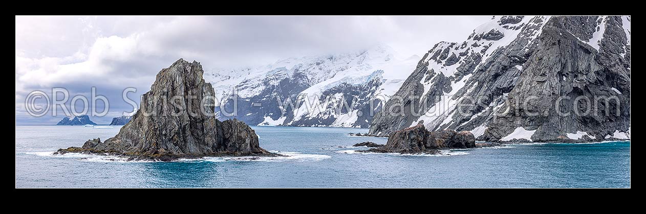 Image of Point Wild on Elephant Island, where Shackleton's men stayed for 128 days (right). Ice-covered mountainous island in outer reaches of South Shetland Islands. Panorama, Elephant Island, Antarctica Region, Antarctica stock photo image