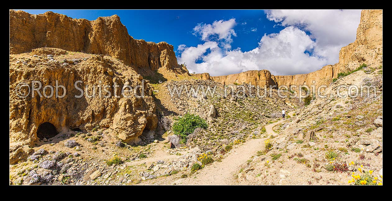 Image of Bannockburn Sluicings Historic Reserve walk with remains of gold mining and sluicing over 50 years from the early 1860s. Panorama, Bannockburn, Central Otago District, Otago Region, New Zealand (NZ) stock photo image