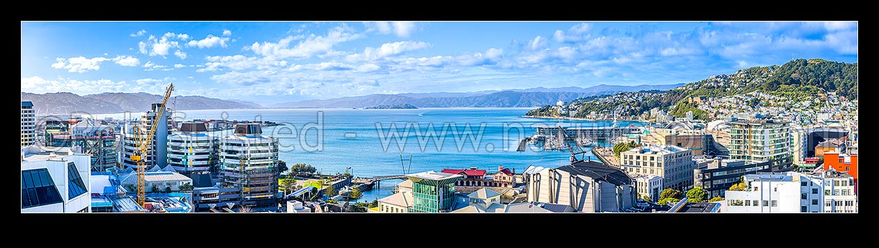 Image of Wellington Harbour and City panorama looking over the CBD, waterfront and lagoon. Oriental bay and Mt Victoria right. Hutt Valley and Remutaka Range beyond, Wellington, Wellington City District, Wellington Region, New Zealand (NZ) stock photo image