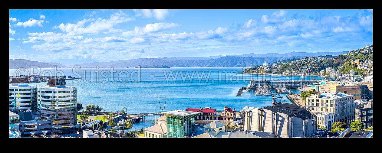 Image of Wellington Harbour and City panorama looking over the CBD, waterfront and lagoon. Oriental bay and Mt Victoria right. Hutt Valley and Remutaka Range beyond, Wellington, Wellington City District, Wellington Region, New Zealand (NZ) stock photo image