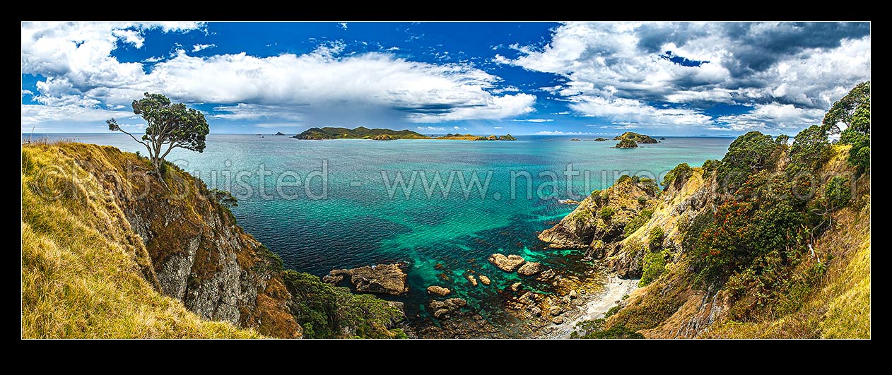 Image of Looking from Matauri Bay headland across Cavalli Passage to the Cavalli Islands -Motukawanui, Motukawaiti, Piraunui, Kohangaro etc. Panoramic view, Matauri Bay, Far North District, Northland Region, New Zealand (NZ) stock photo image