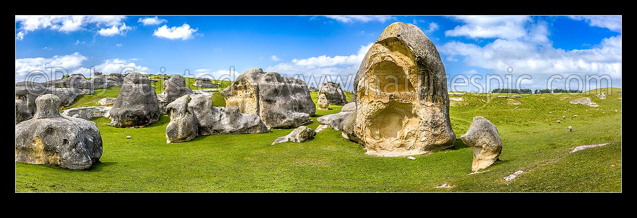 Image of Elephant Rocks limestone site in the Waitaki Whitestone Geopark, Maerewhenua. Panorama of the uplifted weathered marine limestone, Duntroon, Waitaki District, Canterbury Region, New Zealand (NZ) stock photo image