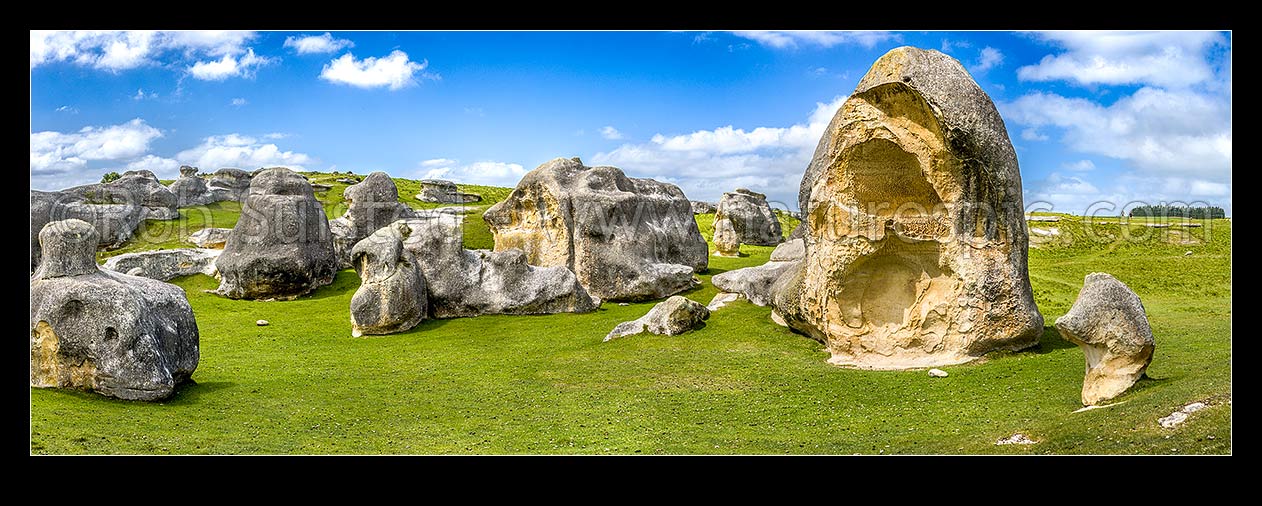 Image of Elephant Rocks limestone site in the Waitaki Whitestone Geopark, Maerewhenua. Panorama of the uplifted weathered marine limestone, Duntroon, Waitaki District, Canterbury Region, New Zealand (NZ) stock photo image