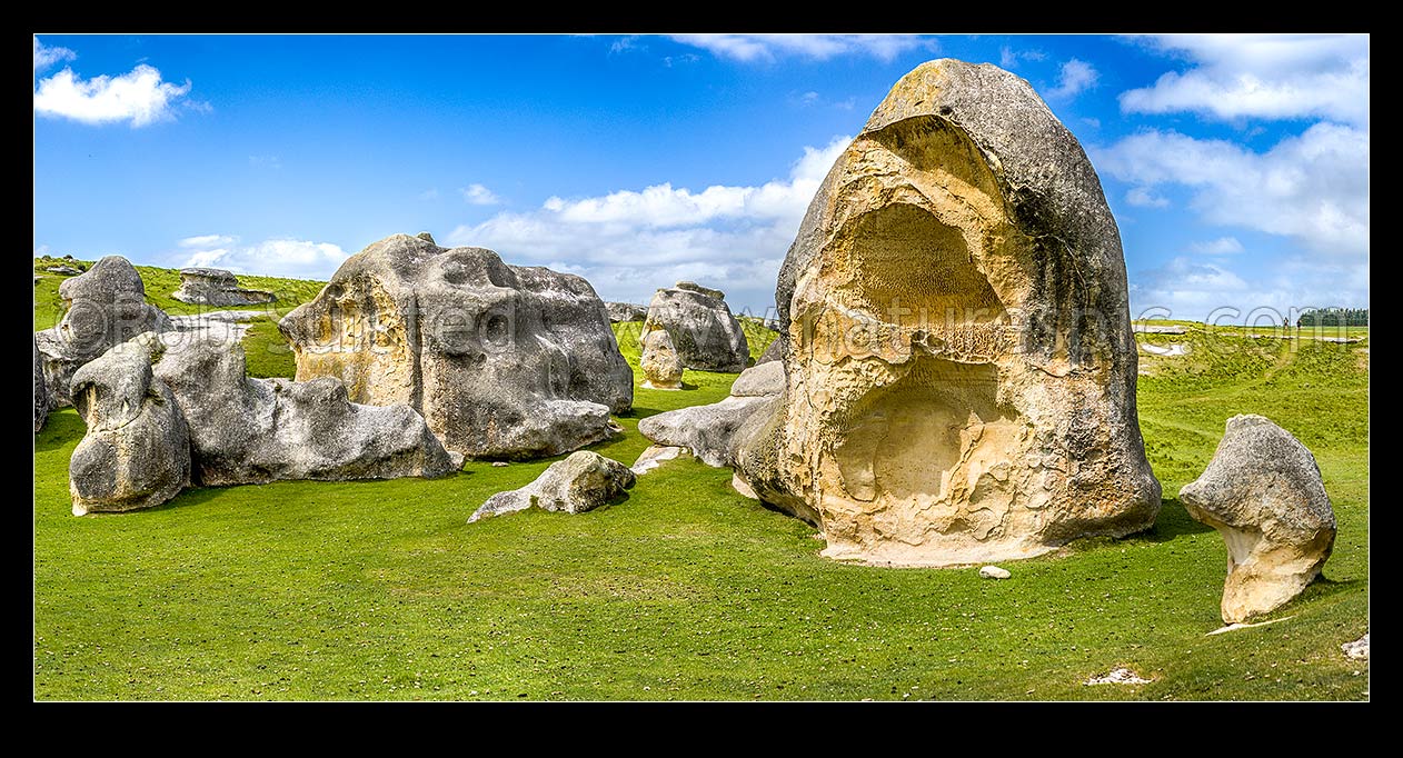 Image of Elephant Rocks limestone site in the Waitaki Whitestone Geopark, Maerewhenua. Panorama of the uplifted weathered marine limestone, Duntroon, Waitaki District, Canterbury Region, New Zealand (NZ) stock photo image