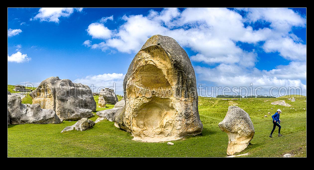 Image of Elephant Rocks limestone site in the Waitaki Whitestone Geopark, Maerewhenua. Panorama of the uplifted weathered marine limestone, Duntroon, Waitaki District, Canterbury Region, New Zealand (NZ) stock photo image