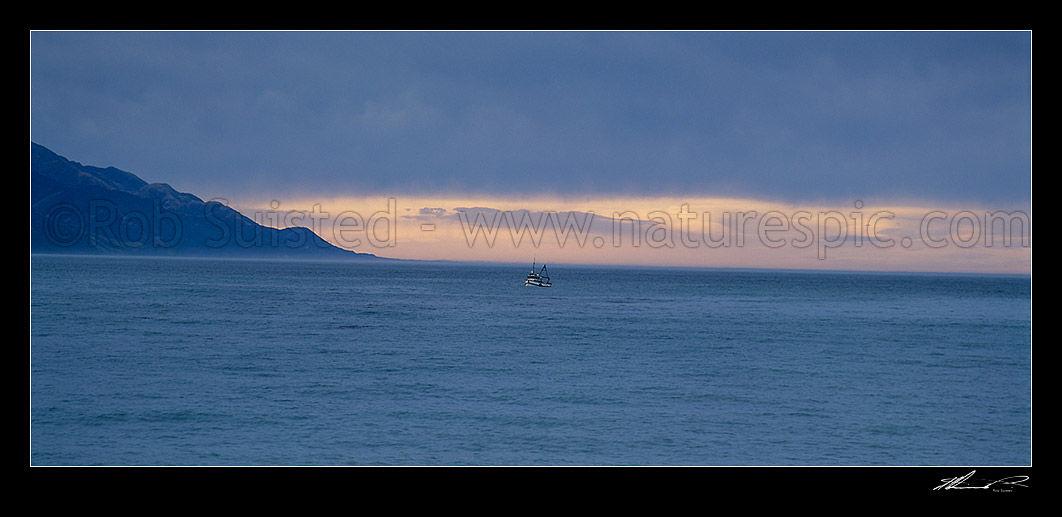 Image of Fishing vessel off the Kaikoura coast in evening light, Kaikoura, Kaikoura District, Canterbury Region, New Zealand (NZ) stock photo image