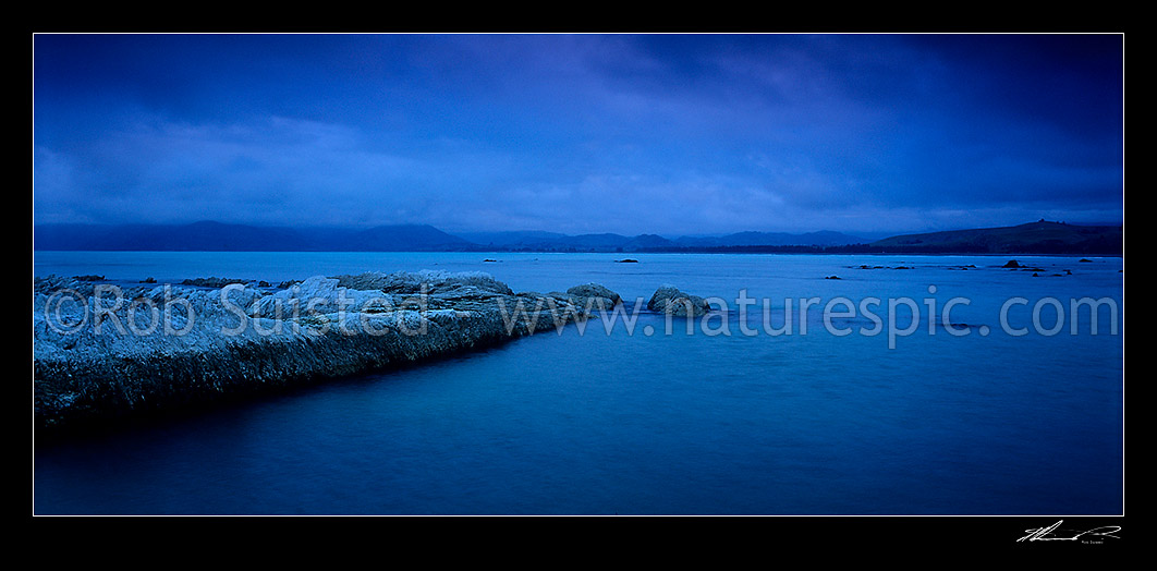 Image of Moody evening sky over the Kaikoura coast, Kaikoura, Kaikoura District, Canterbury Region, New Zealand (NZ) stock photo image